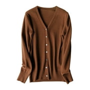 Women's Classic Button Down Long Sleeve V Neck Soft Knit Sweater, Coffee Long Sleeve V-Neck Cover-Up Women's Cardigan Brown